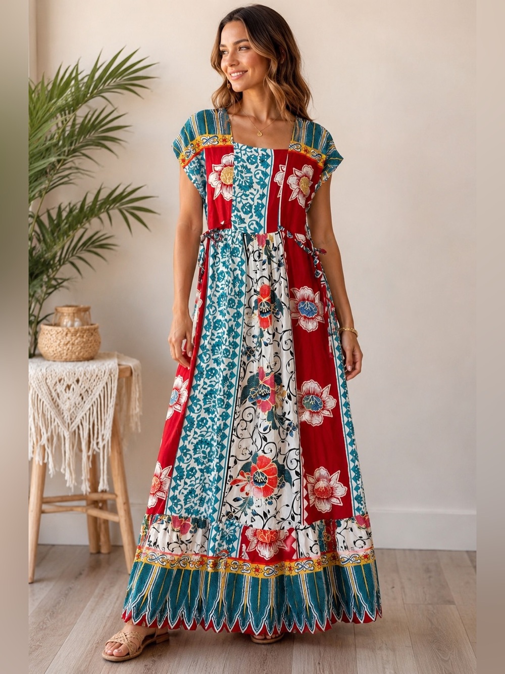 Boutique Boho Patchwork Floral Maxi Dress | Adjustable Side Ties | Size M/L